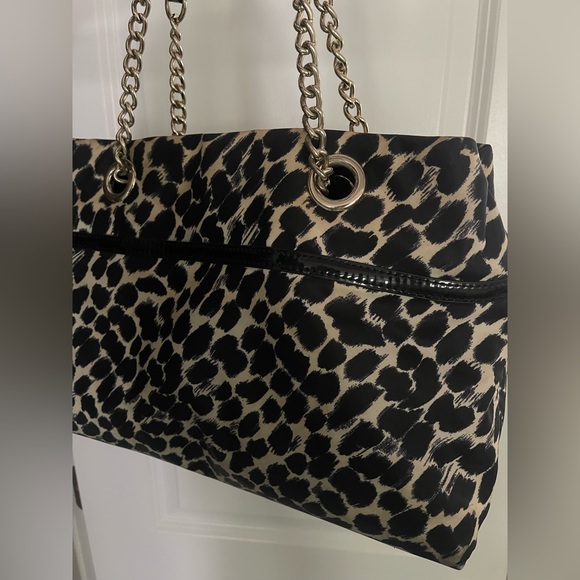 Kate Spade Leopard Print Tote Bag Black Patent Trim Chain Shoulder Purse - Picture 3 of 9